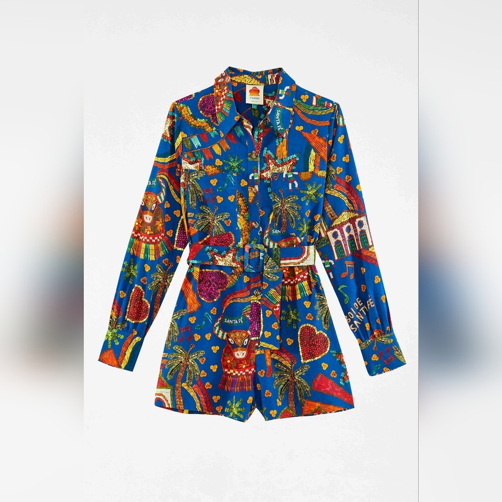 Farm Rio Folk Party Art Belted Blue Romper